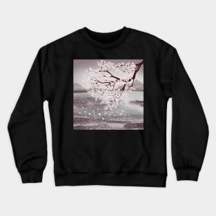 Cherry blossom branch. Water landscape watercolor illustration. Sakura flowers spring scenery Crewneck Sweatshirt